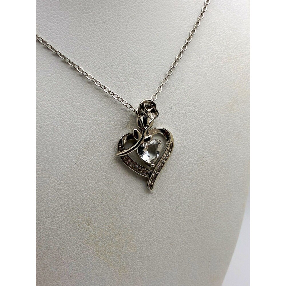 Silver Tone Heart & Rose Charm Pendant Necklace Clear Stone Cable Chain TESTED